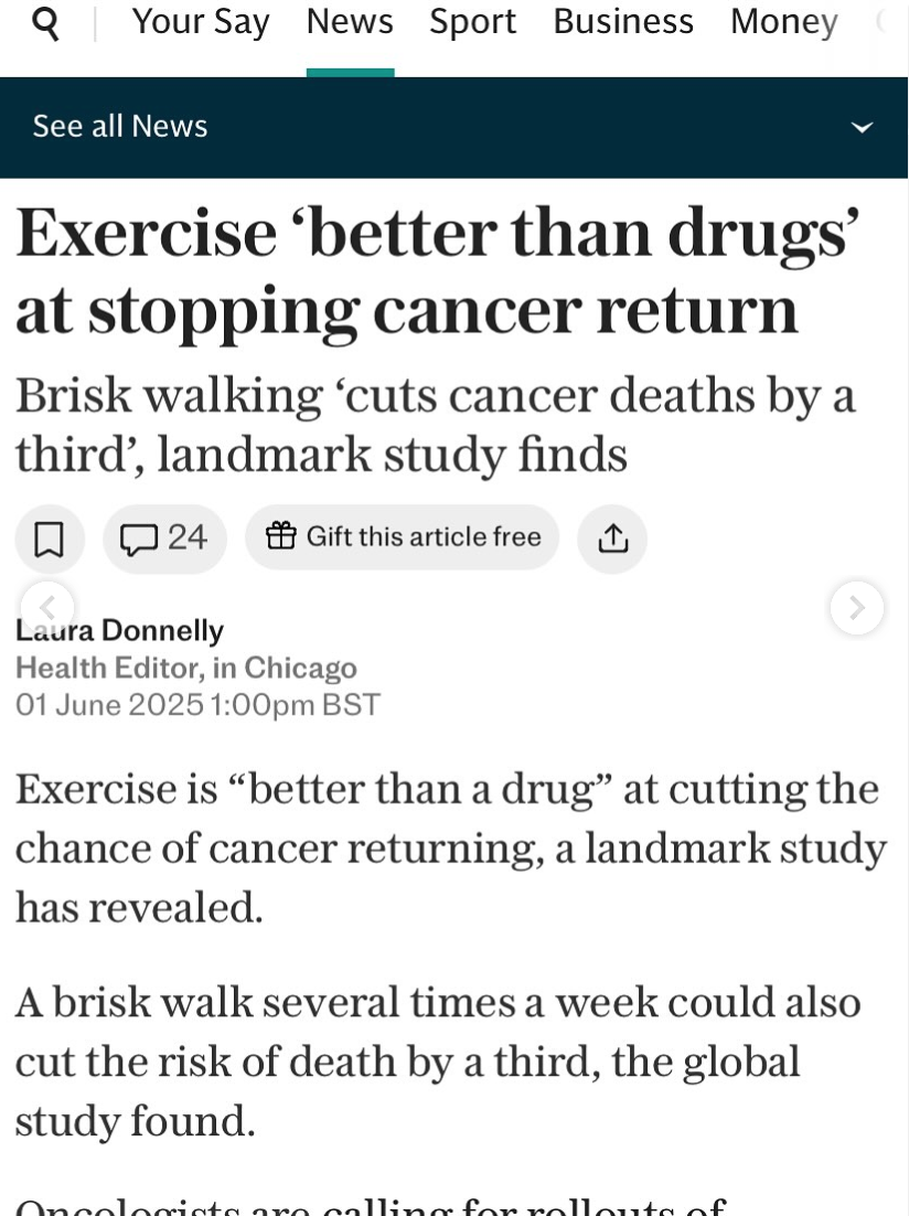 UK Guardian article - exercise and cancer
