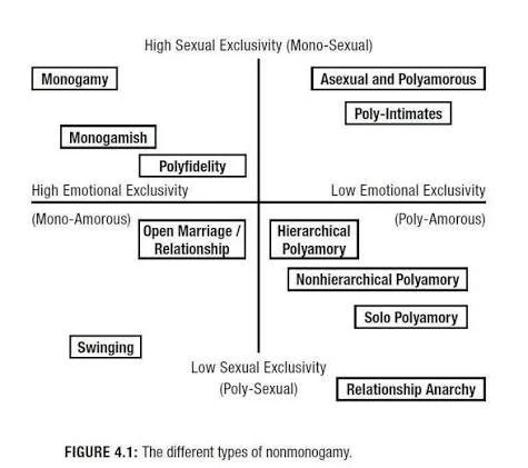 A chart showing different types of nonmonogamy categorized by sexual exclusivity and emotional exclusivity. It includes levels such as monogamy, monogamish, polyfidelity, open marriage/relationship, swinging, asexual and polyamorous, poly-imitates, hierarchical polyamory, nonhierarchical polyamory, solo polyamory, and relationship anarchy.