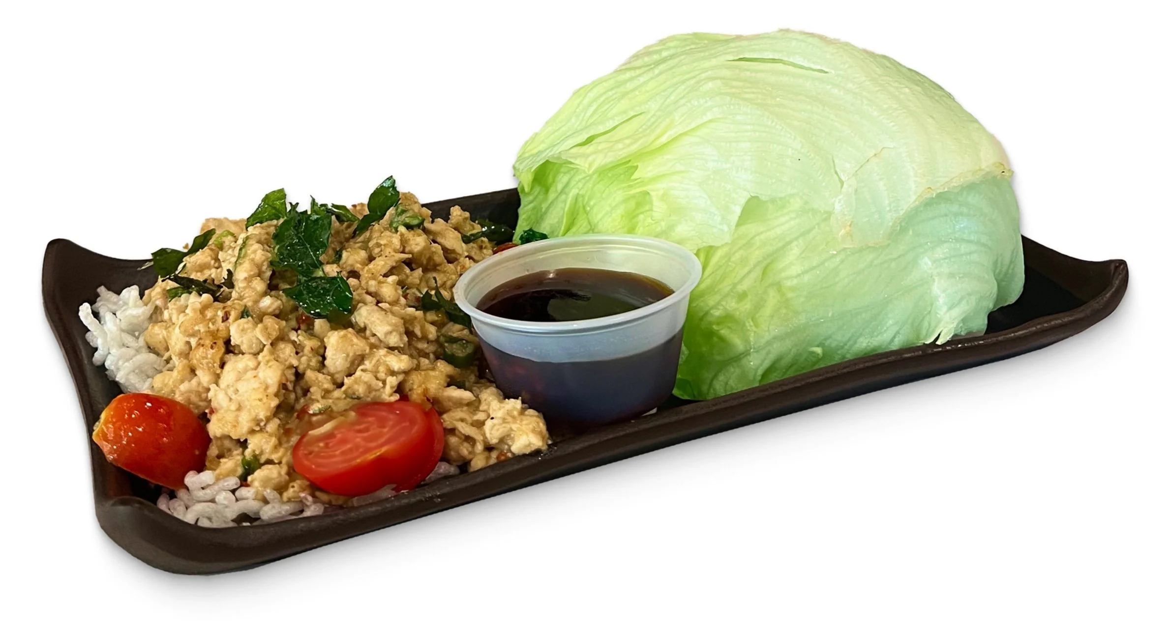 Lettuce wrap with ground meat, cherry tomatoes, rice, and dipping sauce on a plate.