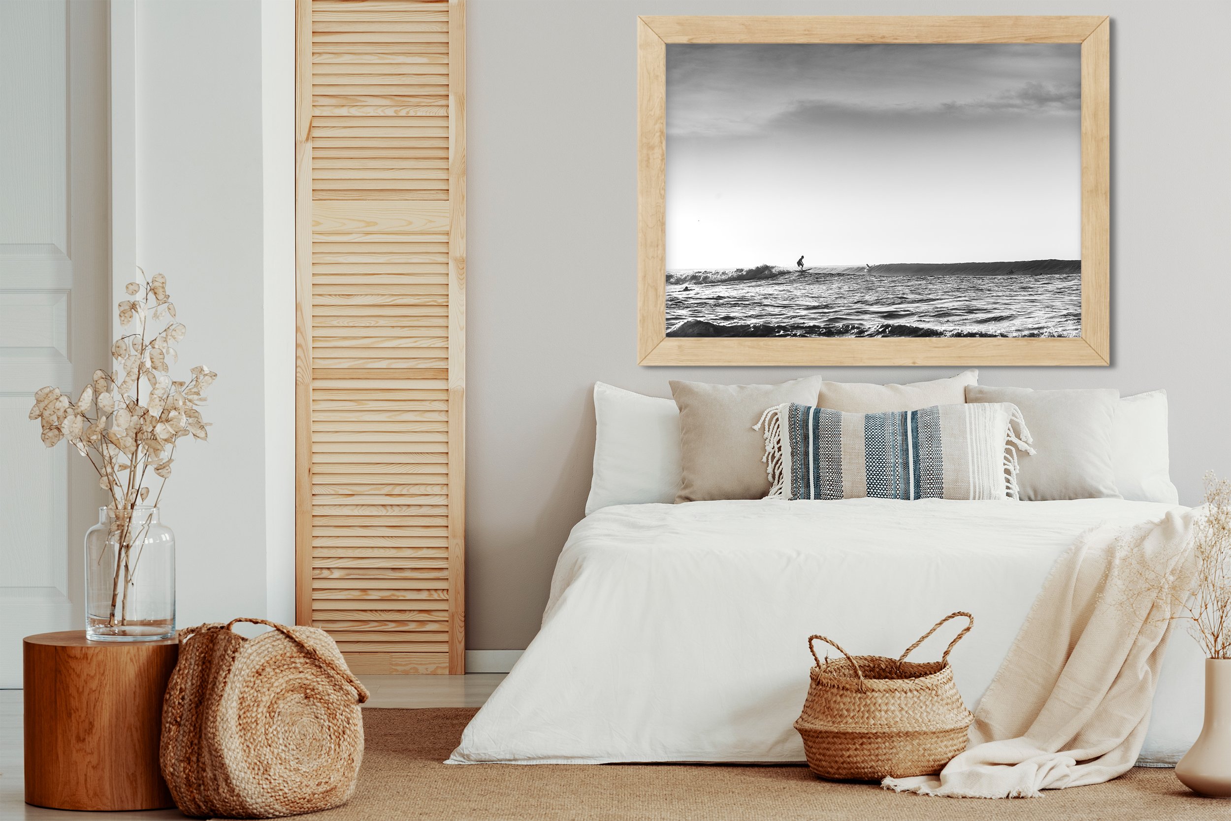 Copy space on white empty wall of natural bright bedroom with na