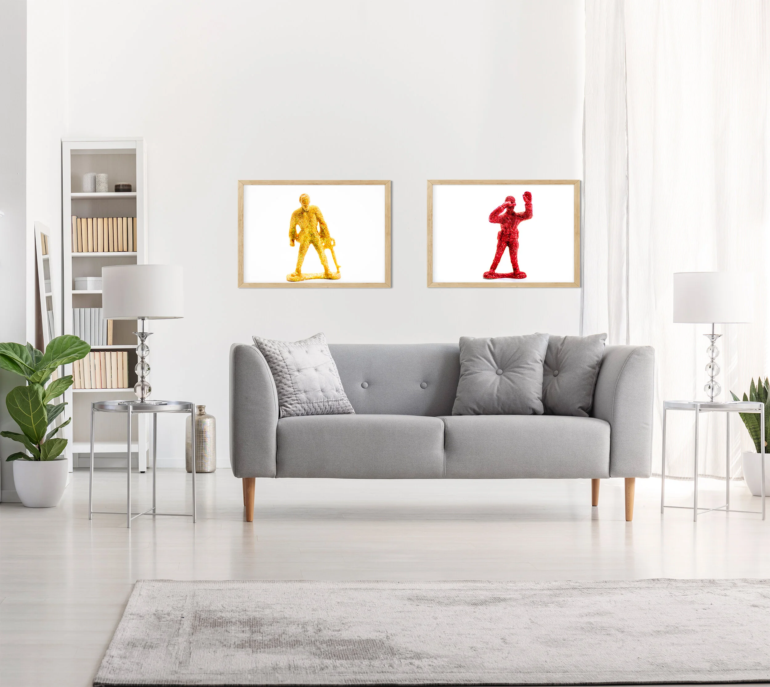 Lamp on table next to grey settee in white loft interior with ar