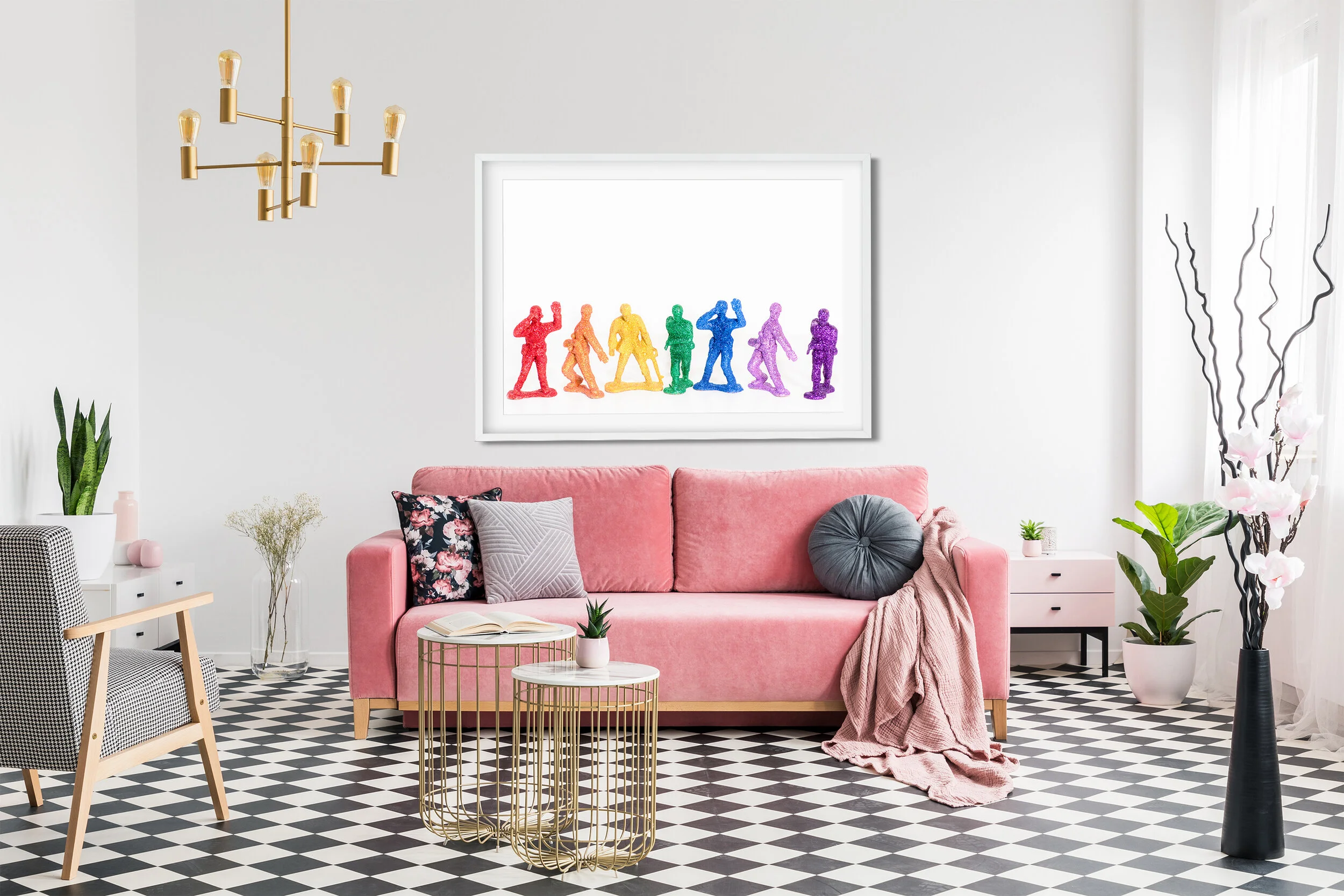 Patterned armchair near gold tables and pink sofa in white flat 