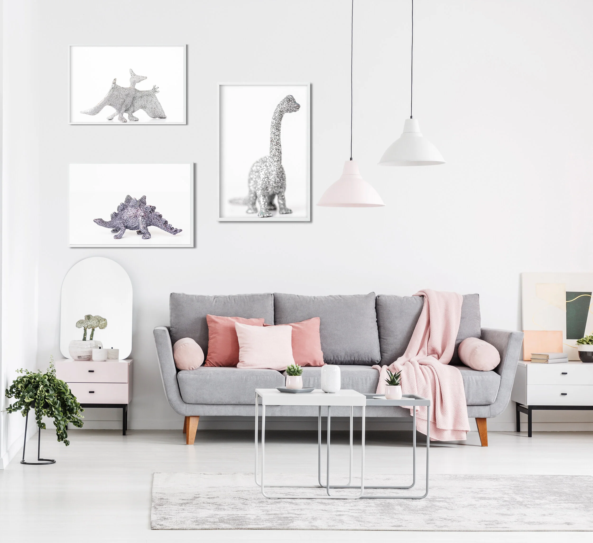 Lamps above table in white spacious living room interior with gr