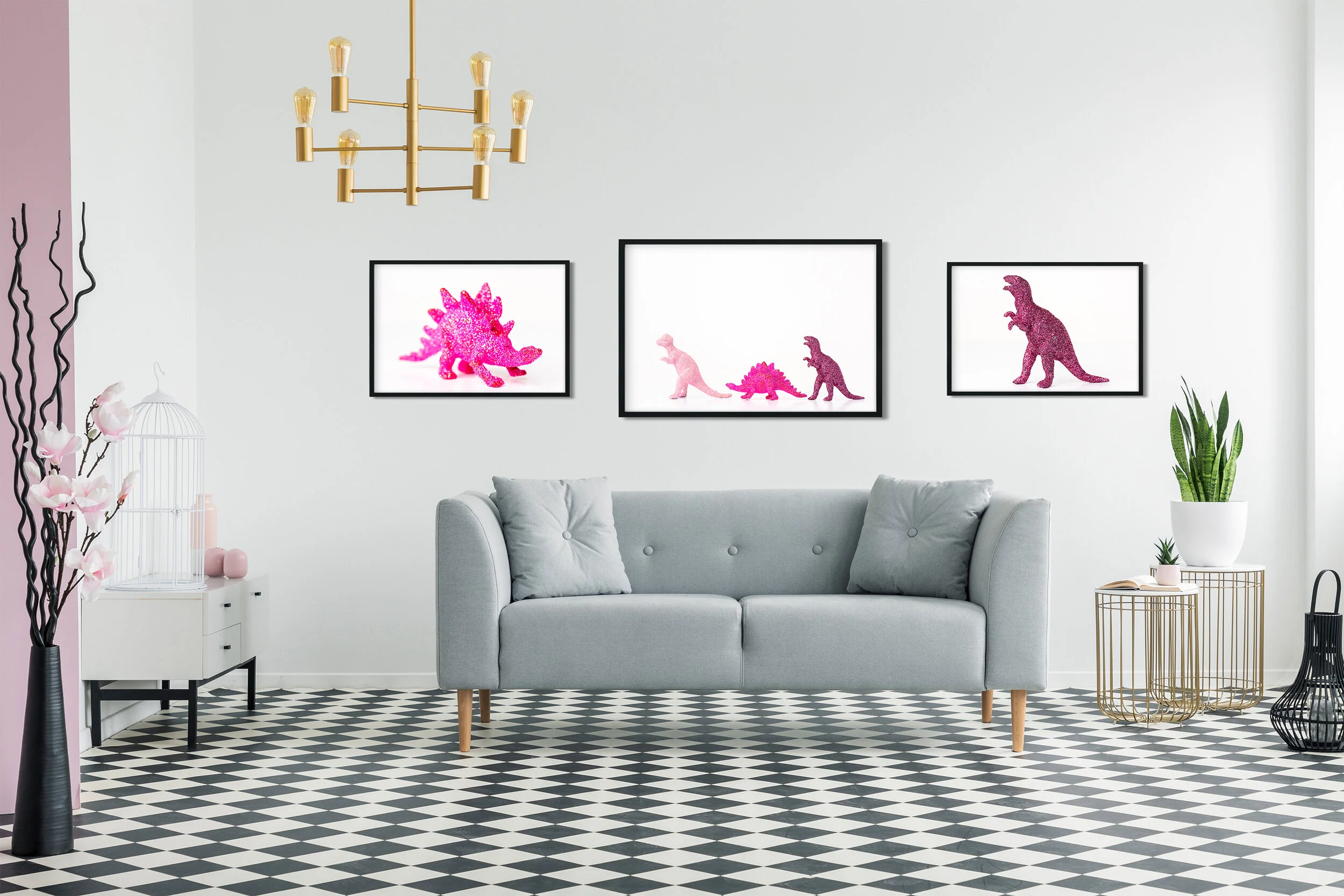 Flowers and gold chandelier in spacious living room interior wit