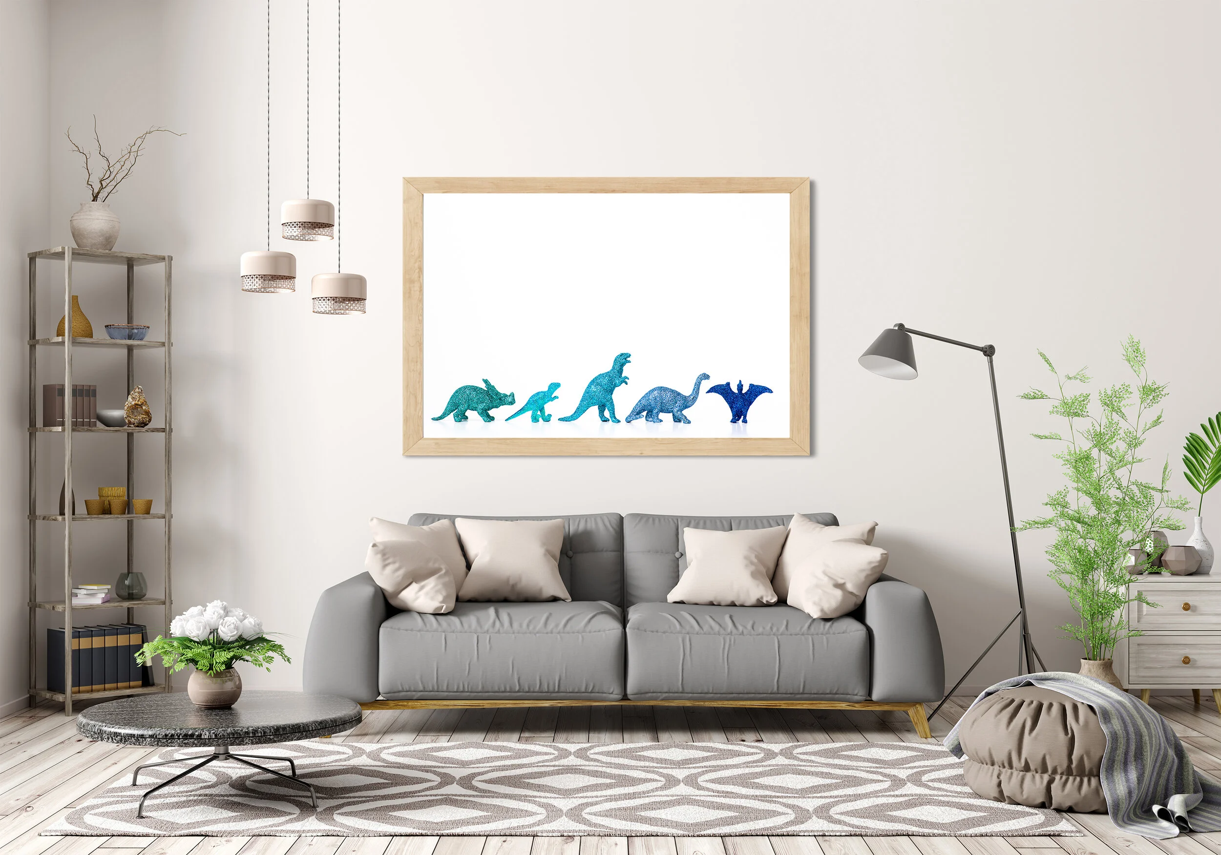 Interior of modern living room with grey sofa 3d rendering