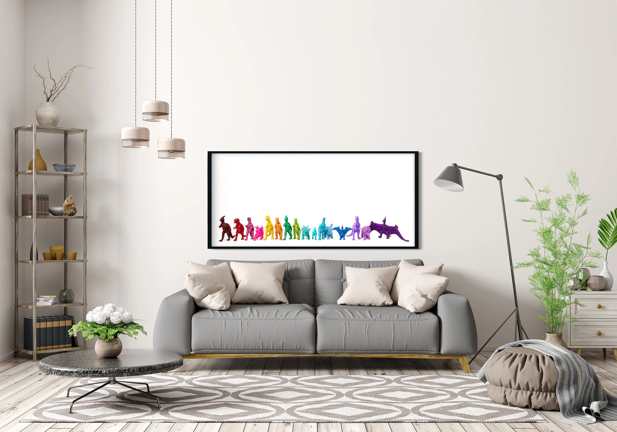 Interior of modern living room with grey sofa 3d rendering