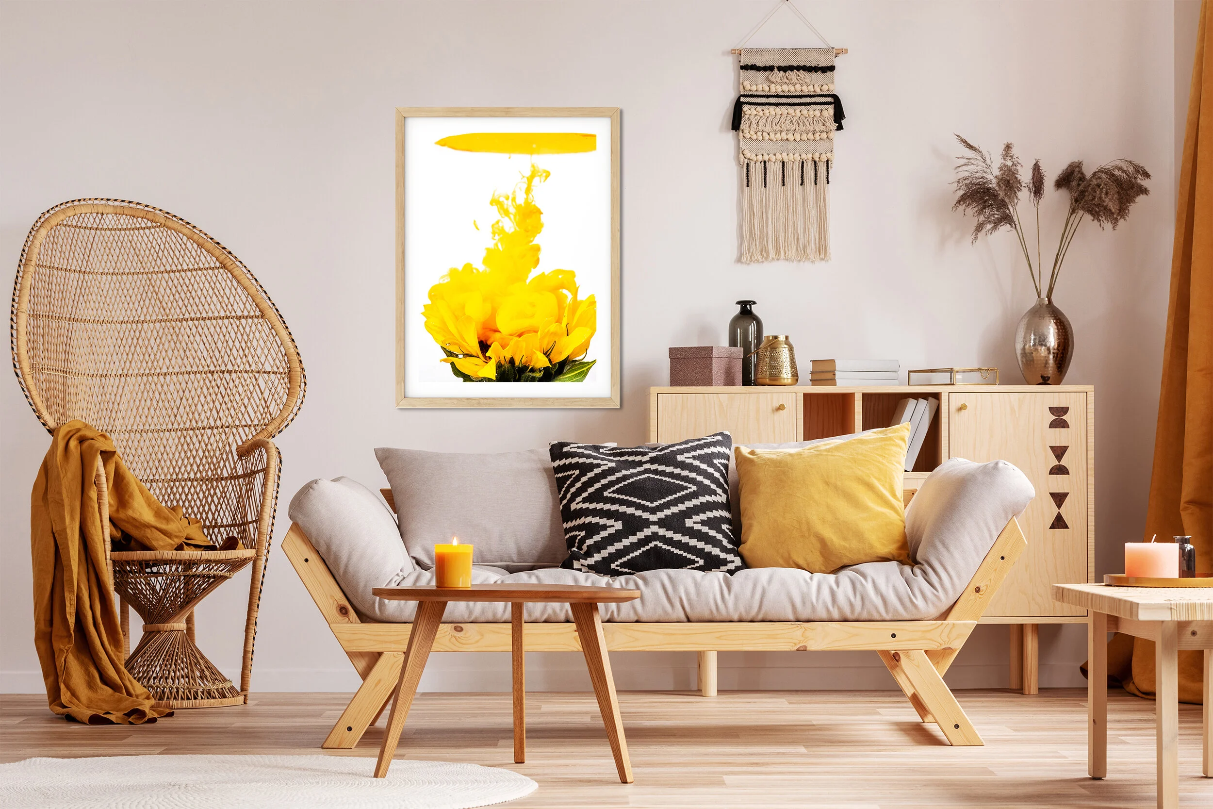 Wicker peacock chair in elegant living room interior