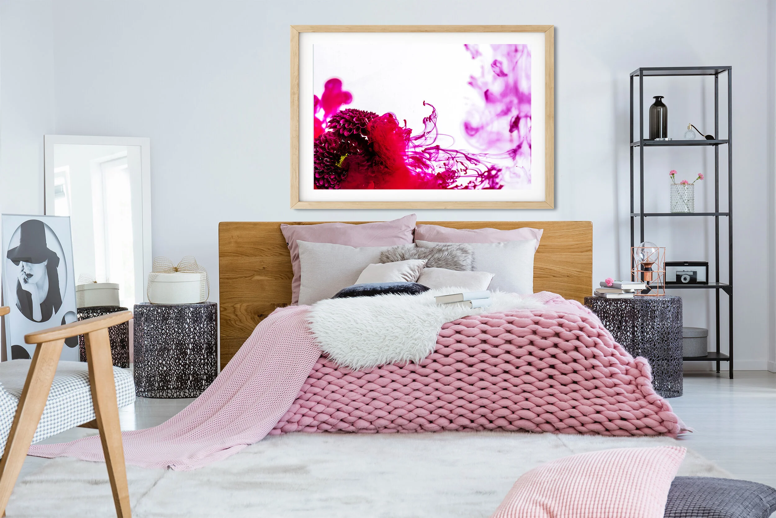 Satin beige pillows and fury white blanket on big comfortable be