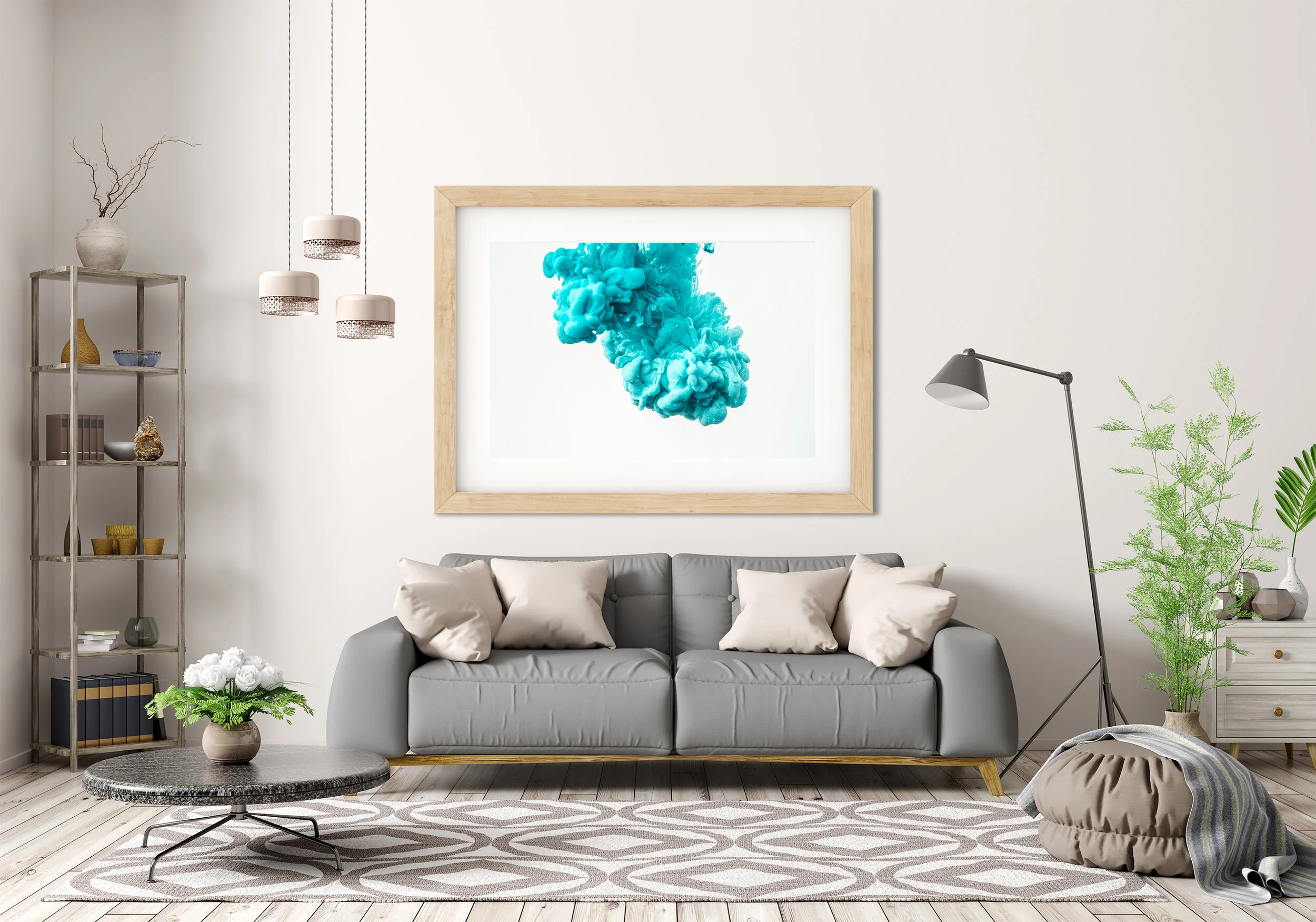 Interior of modern living room with grey sofa 3d rendering