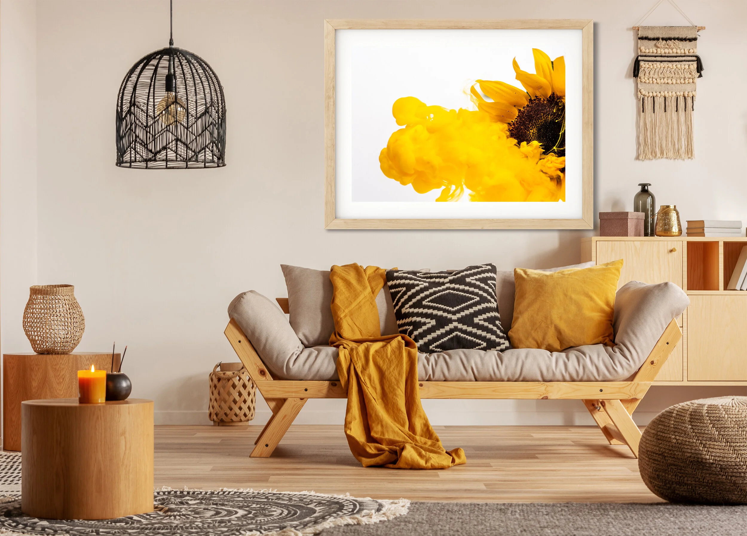 Scandinavian sofa with pillows and dark yellow blanket in bright