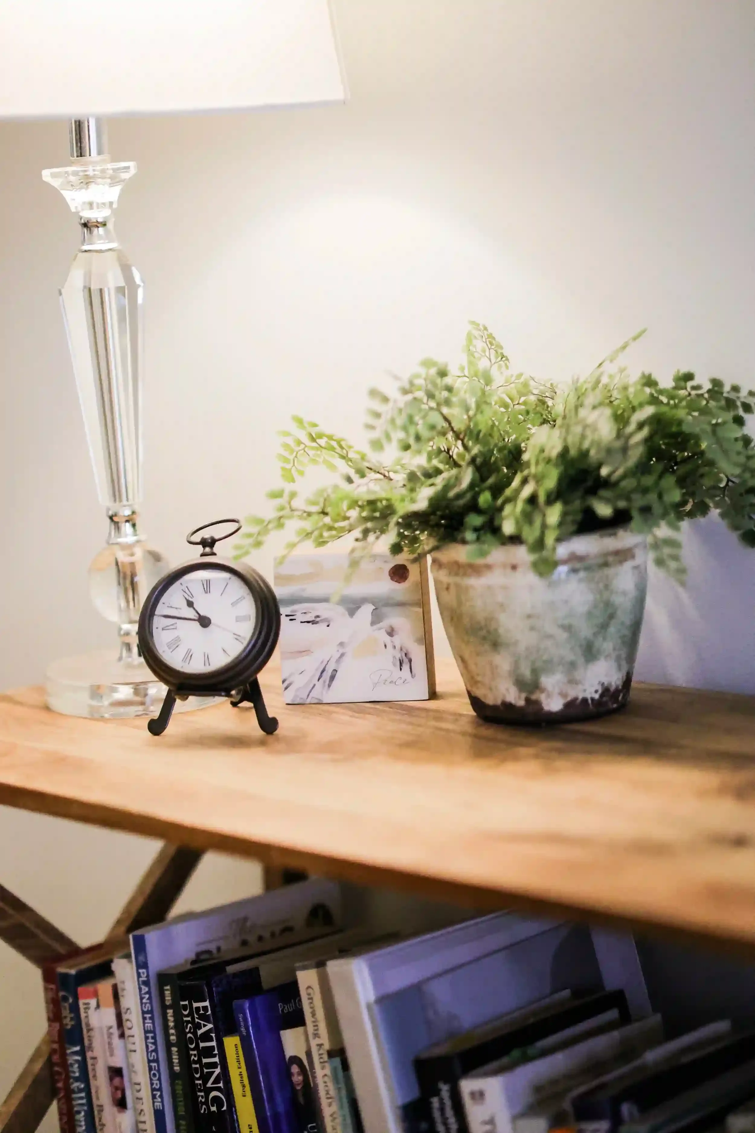 a clock on a table next to a potted plant
