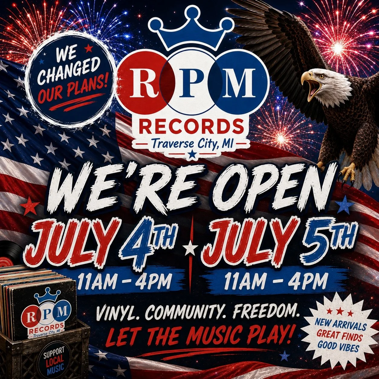 🇺🇸 WE CHANGED OUR PLANS! 🇺🇸

You asked&hellip; and we&rsquo;re making it happen!!

🎆 RPM Records will NOW be OPEN:
📅 Saturday, July 4th &bull; 11AM&ndash;4PM
📅 Sunday, July 5th &bull; 11AM&ndash;4PM

Whether you&rsquo;re heading to the lake, f