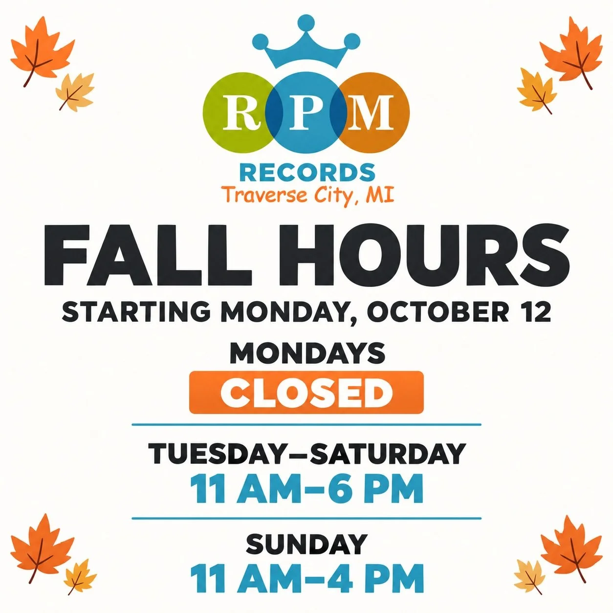 Starting Monday 10/12, we will be switching over to our Fall Hours. 

Monday: CLOSED
Tues-Sat: 11-6
Sun: 11-4