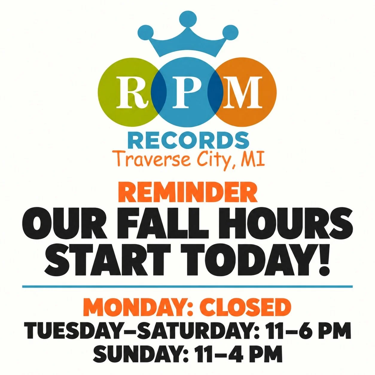 🍂 Fall Hours start TODAY at RPM! 🎶

We&rsquo;re closed today&mdash;come see us tomorrow and find your next favorite record! 🤘

Our Fall Hours:
🍁 Monday: CLOSED
🍁 Tuesday&ndash;Saturday: 11&ndash;6 PM
🍁 Sunday: 11&ndash;4 PM

Thanks for keeping 