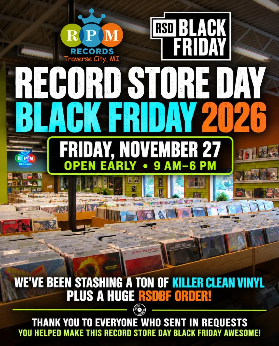 🎶 RECORD STORE DAY BLACK FRIDAY IS COMING! 🎶

We&rsquo;ve been stashing a ton of killer, clean vinyl all summer&mdash;and we&rsquo;re bringing in a huge RSDBF order for the big day! 🙌

📅 Friday, November 27
⏰ We&rsquo;re opening early: 9 AM&ndash