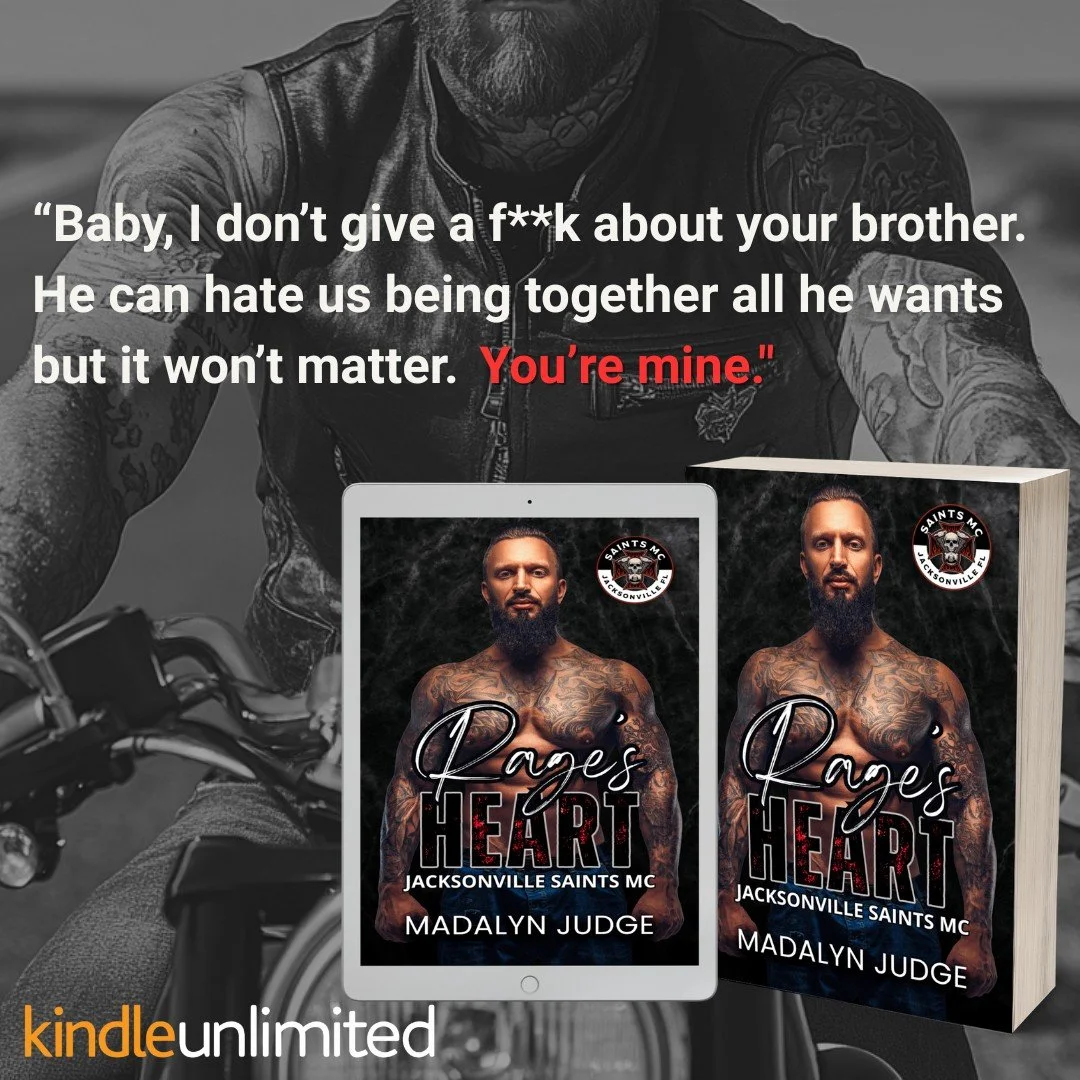 🔥🔥Leaving KU in 2 days🔥🔥
Rage&rsquo;s Heart: Saints MC - Jacksonville, FL Book 1
(Read FR-EE in KU for a limited time)
⬇︎ 𝐆𝐑𝐀𝐁 𝐇𝐄𝐑𝐄 ⬇︎
UBL: https://geni.us/RagesHeartSaintsMC 
What to expect:
✔︎ MC Romance
✔︎ First Book in Series
✔︎ Age G