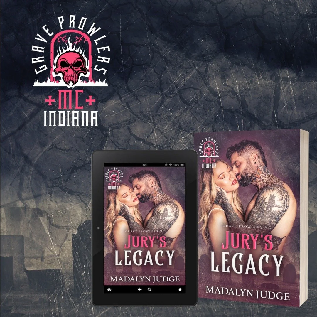 ☠️🩷 PREORDER 🩷☠️
🩷🩶 Jury's Legacy 🩷🩶
Grave Prowlers MC: Devil's Backbone, Indiana Book 1
UBL: https://f.mtr.cool/d6aq5n0pwp 
Cover Designer: FuriousFotog&reg;
Photographer: Lindee Robinson
Cover Models: Cody &amp; Daria
☠️ Jury:
As VP o
