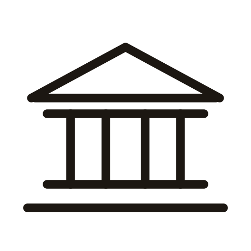 Silhouette of a classical government or institutional building with columns, triangular pediment, and steps.