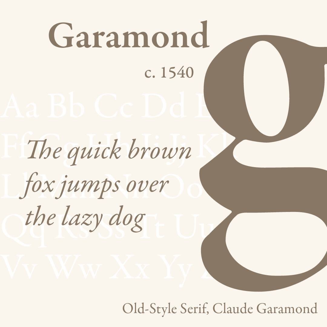 Today's featured font is GARAMOND.⁠
⁠
Garamond was developed by sixteenth-century Parisian Claude Garamond, and marked the shift from gothic, &ldquo;blackletter&rdquo; style typefaces to the roman alphabet. Garamond would dominate European printing f