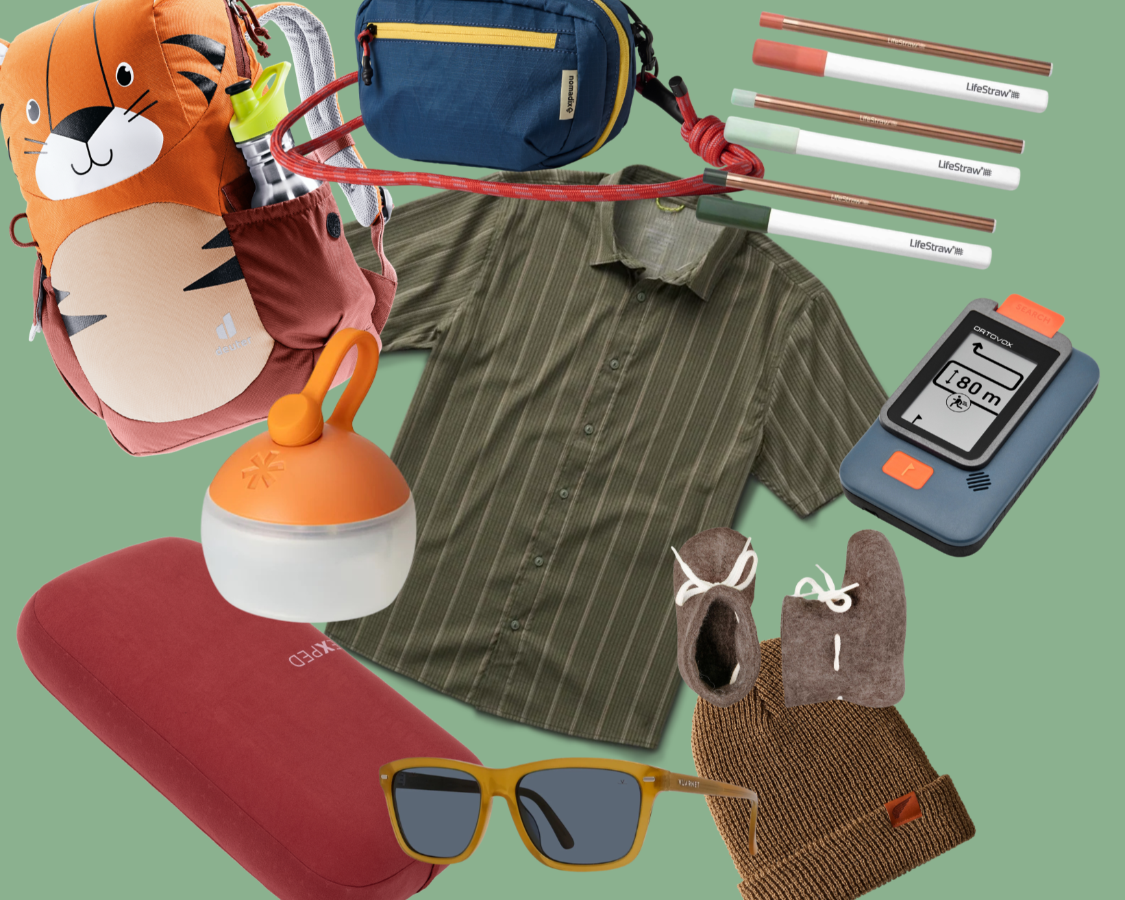 Outdoor gear including a sleeping pad, a quarter-zip jacket, a backpack, slippers, a water bottle, a lantern, and a hydration pack on a peach background.