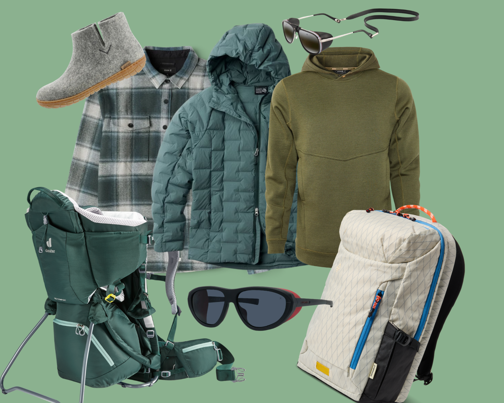 A collection of camping gear including a quilted blanket, a white backpack, a yellow zippered pouch, a small fan on a tripod, a gray spatula, a gray fork, an orange and white portable speaker, a white LED lantern, a knife with a wooden handle, a blue fountain pen with a detached cap, and a white and blue portable bottle with a handle, all set on a pink background.