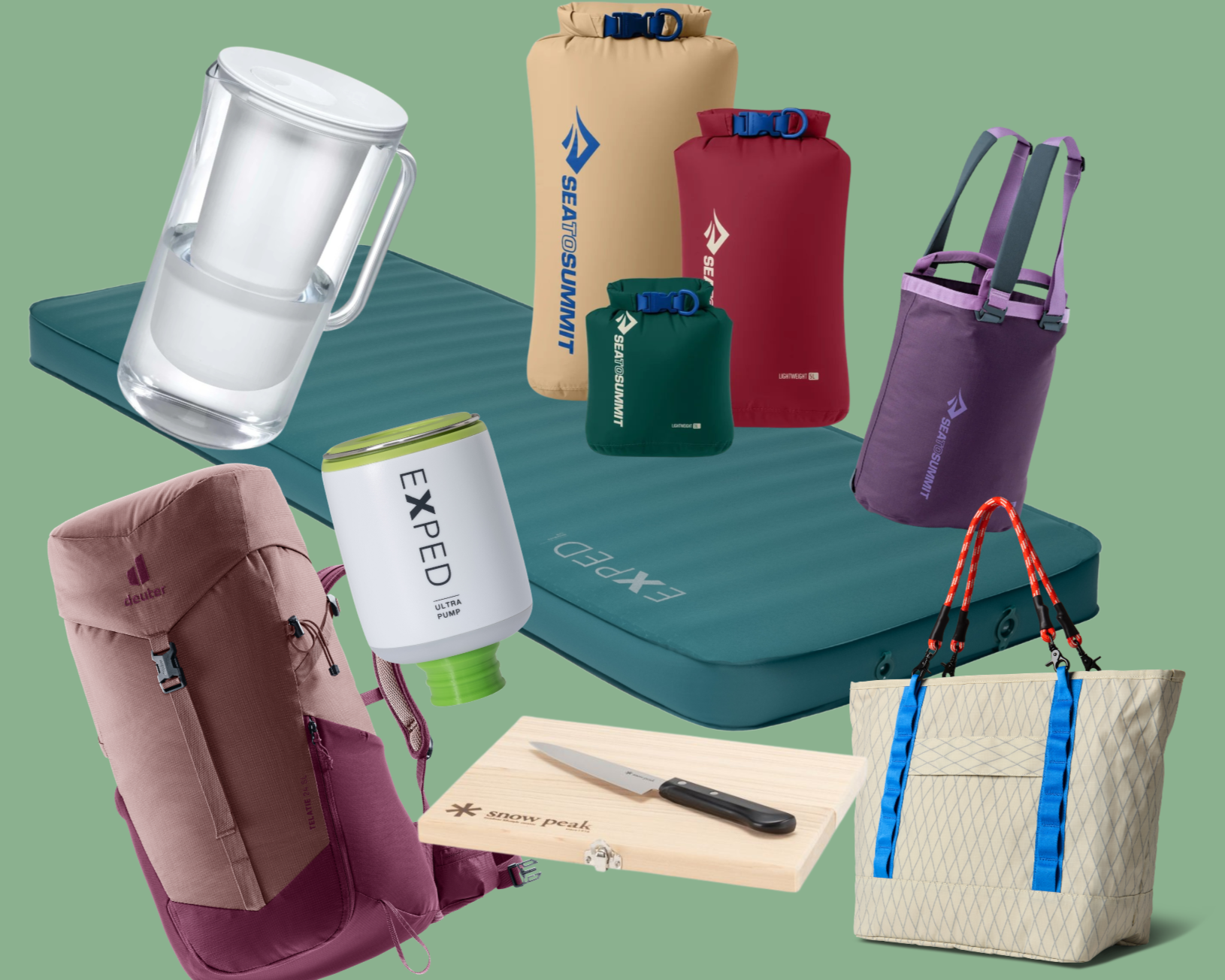 Collection of footwear, sunglasses, knives, and a wooden box with a knife sharpener on a pink background.