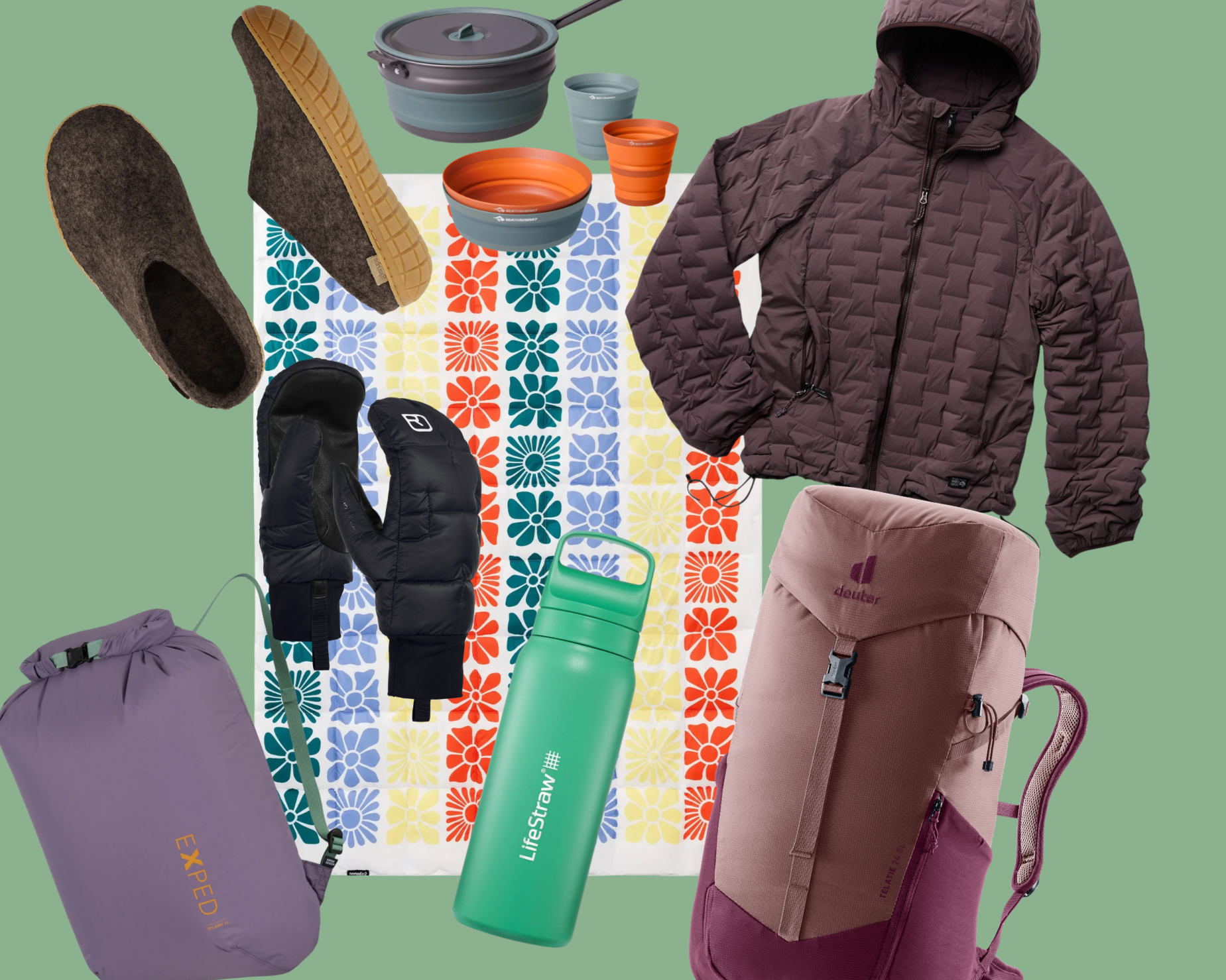 Collection of outdoor and hiking gear including a smartphone with a protective case, a pocket knife, a thermos, a mesh shoulder bag, insulated slippers, a tumbler, a vest, and hiking boots, arranged on a pink background.