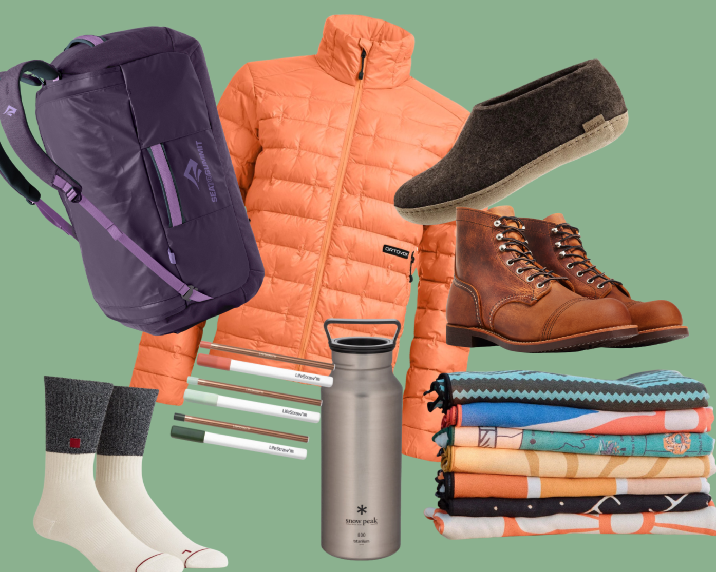 Collection of children's outdoor and travel items including a tiger backpack, a pair of felt boots, a baby bottle, a picnic blanket, a backpack filled with toys, and several colorful thermos bottles, all arranged on a peach-colored background.