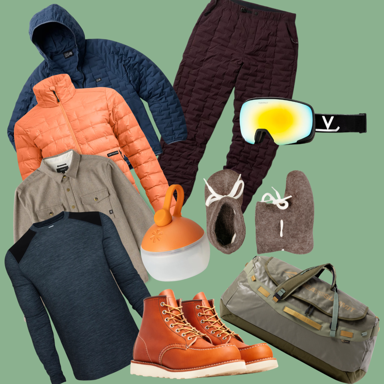Collection of outdoor and camping gear including a canteen, a pocket knife, a flashlight, a small bag, a toy, a water bottle, a phone with floral case, sunglasses, pens, and a patterned cloth on a peach background.