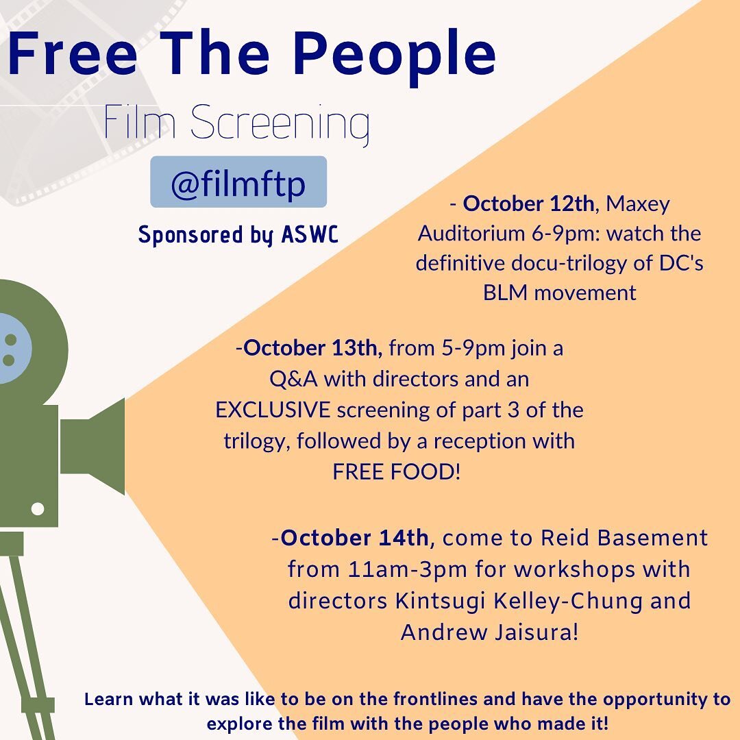 Be sure to check out next weekend&rsquo;s film screening events with Free the People (sponsored by ASWC) 🎥 🍿