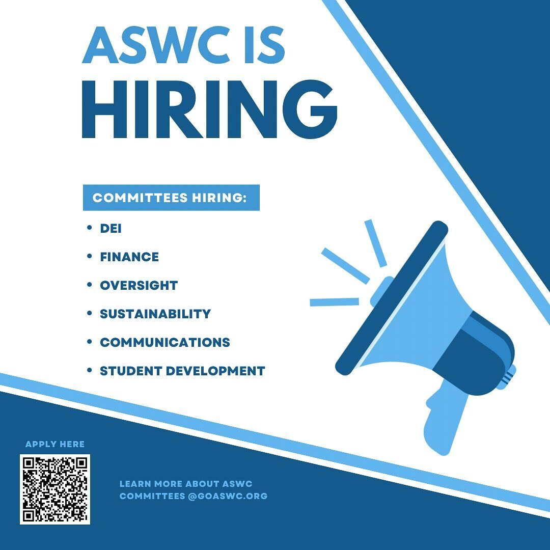 We&rsquo;re hiring for the Spring Semester! The link to the application form is in our bio. Keep an eye out for daily spotlights on our ASWC committees starting tomorrow! Learn about current projects, our dedicated members, and contact information, a