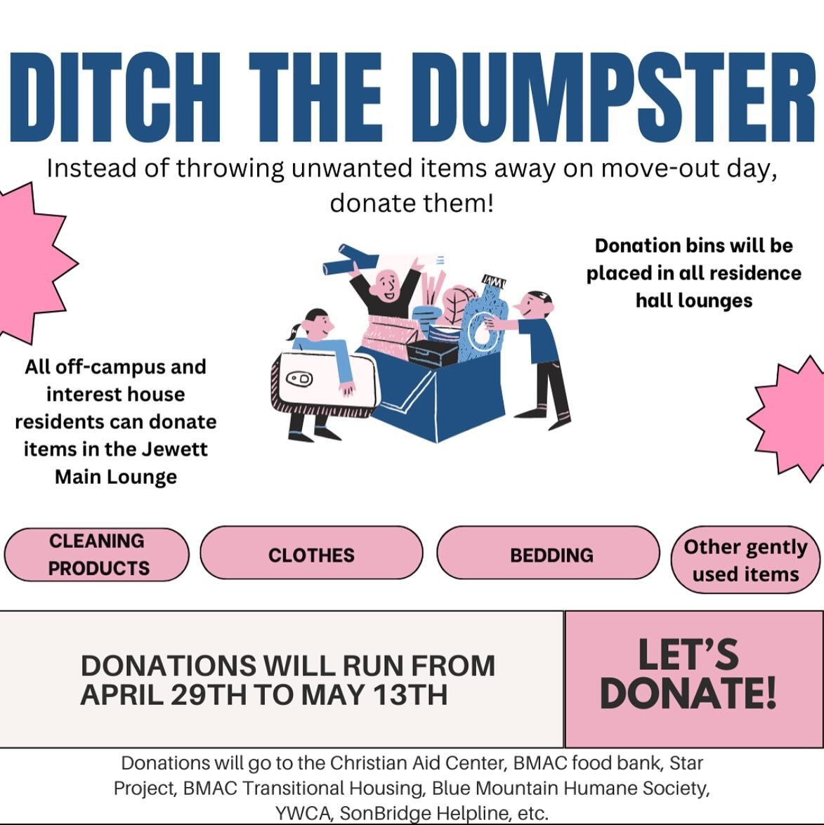 Do you have gently used items that you want to get rid of as move-out is around the corner? Ditch the Dumpster by dropping off your unwanted items in the main lounge of your resident hall. If you are living off campus, you can donate your items in th