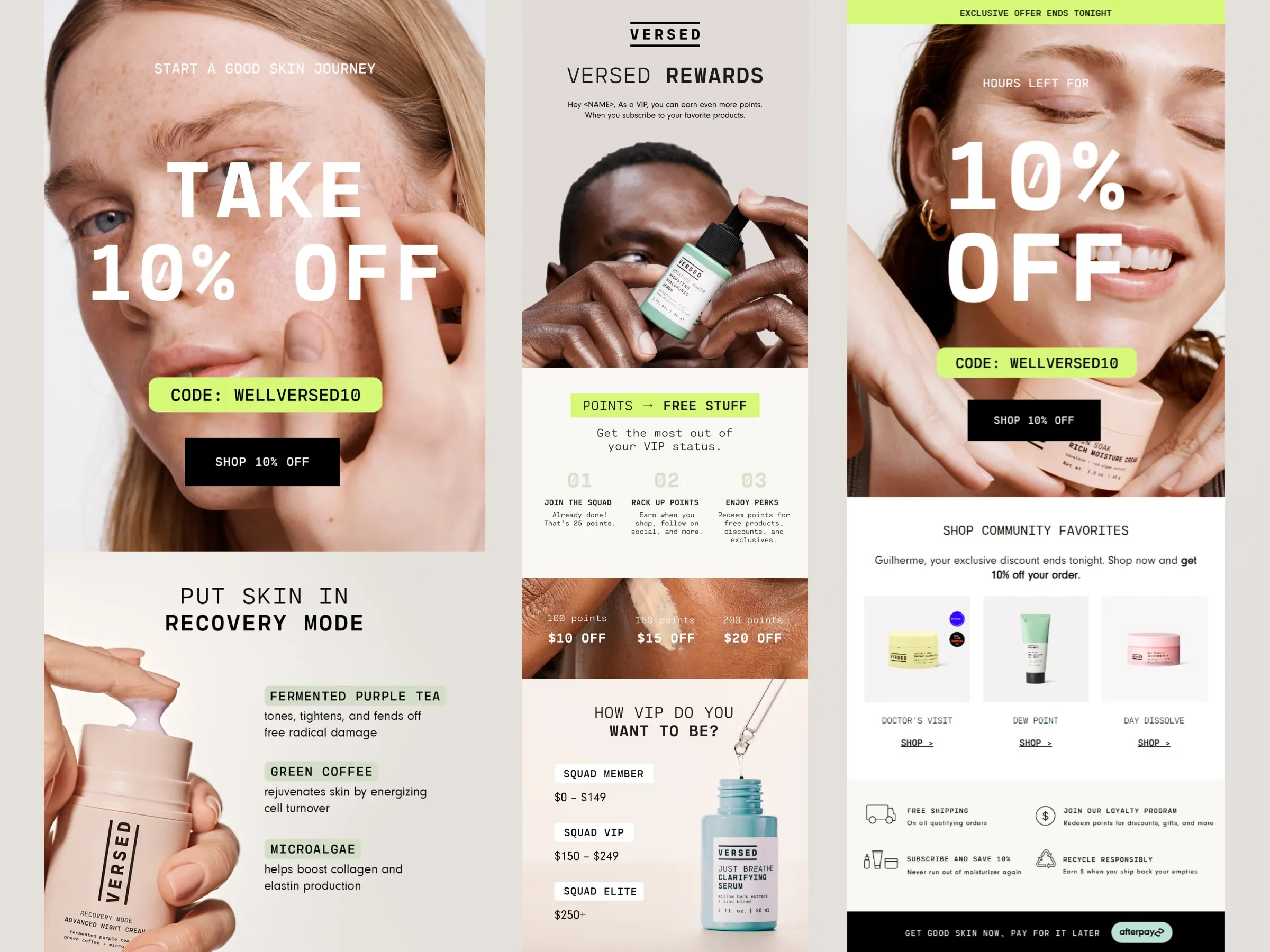 A promotional skin care sale advertisement featuring three images of women with different skin types. The ad offers 10% off with the code 'WELLVERSED10' and highlights various skin care products, points-based rewards, and a VIP membership program.