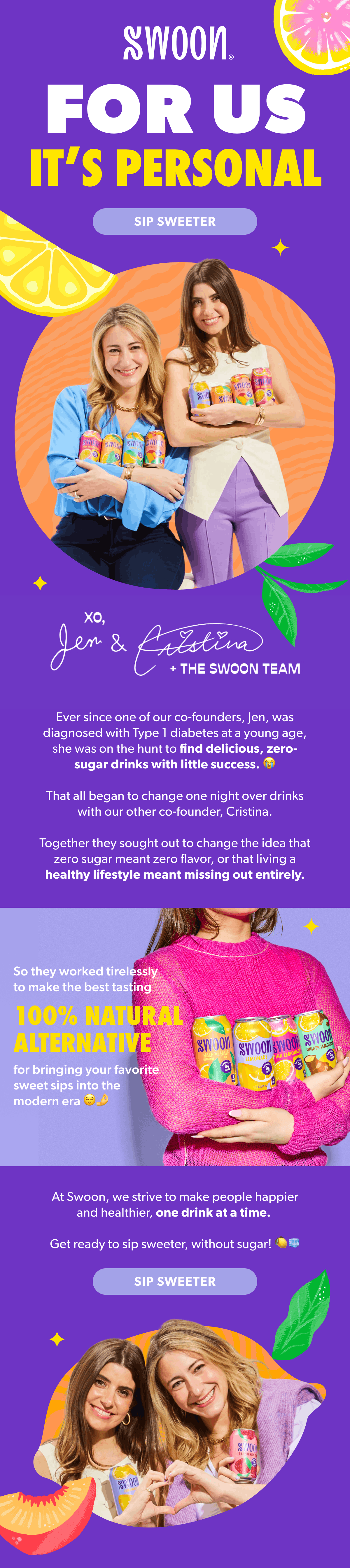 Promotional poster for Swoon, featuring women holding cans of zero-sugar, natural, alternative drinks, with citrus fruit graphics, signature signatures, and colorful design elements.