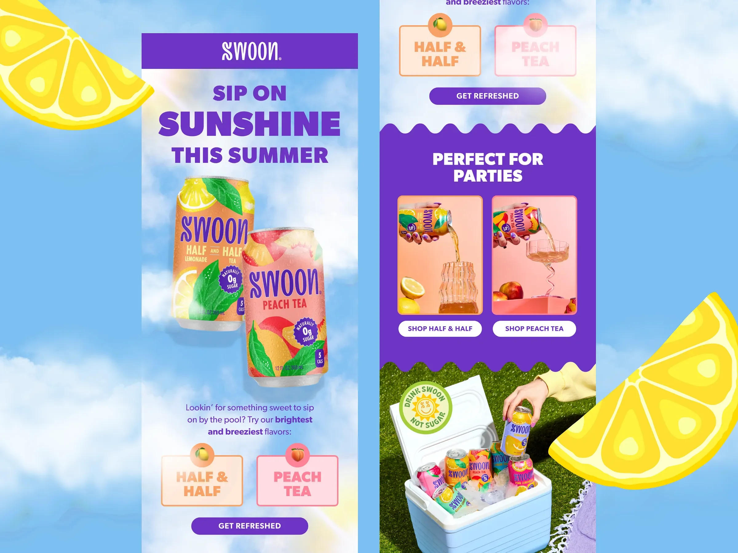 Advertisement promoting Swoon's lemonade tea flavors for summer, featuring cans with lemon and peach illustrations, a background of blue sky and clouds, and a person with a hand reaching into a cooler filled with ice and cans.