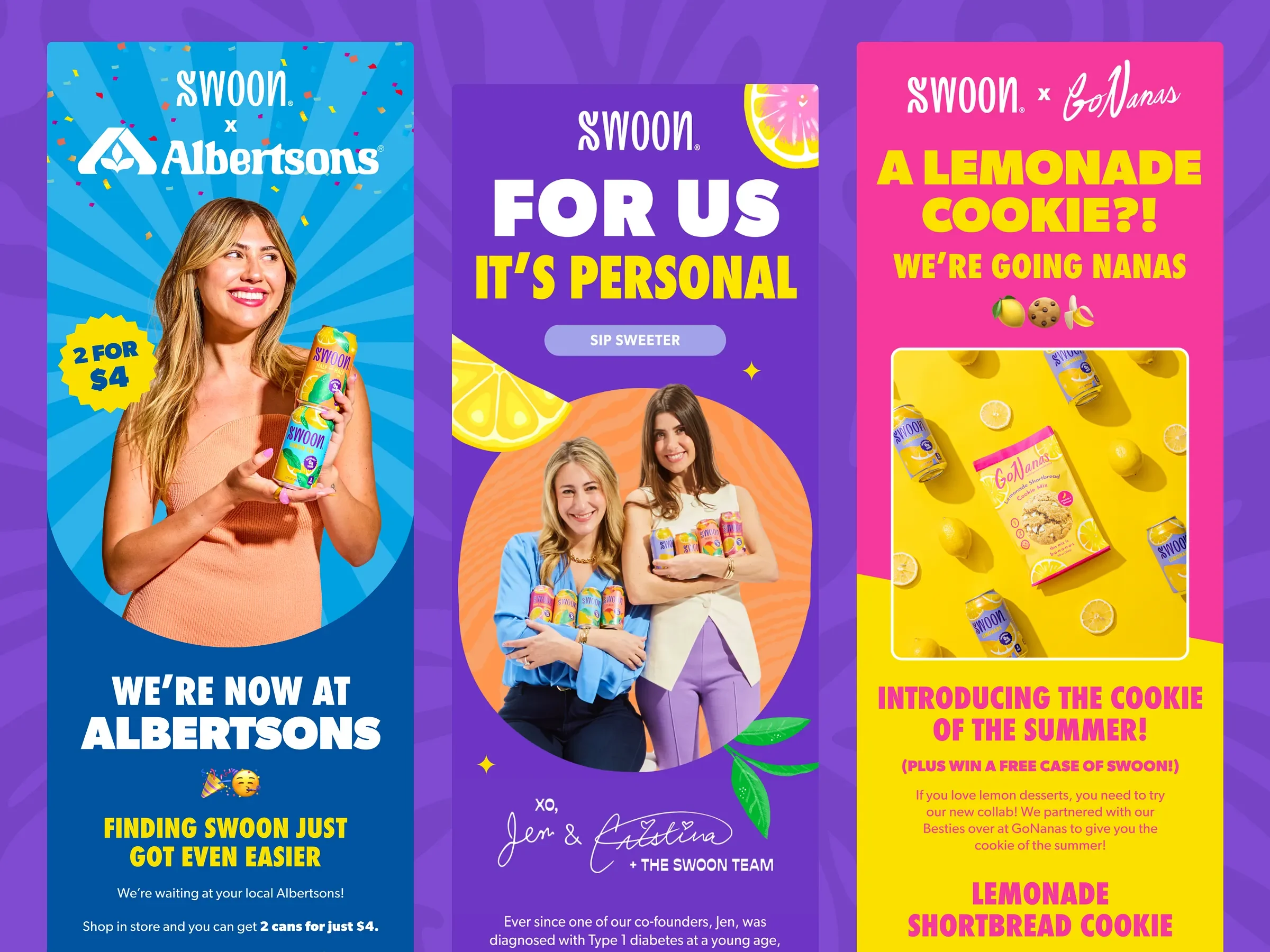 Promotional poster featuring women holding bottles of Swoon lemonades and various snack items in colorful backgrounds, advertising product availability and new flavors.