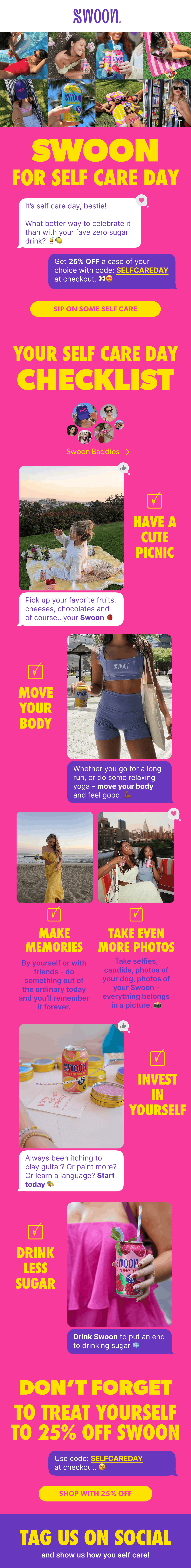 A promotional digital graphic for Swoon Self Care Day featuring a series of colorful photos and tips for self-care, including enjoying picnics, exercising, taking photos, investing in oneself, and drinking less sugar, with bright pink, yellow, and purple background colors.