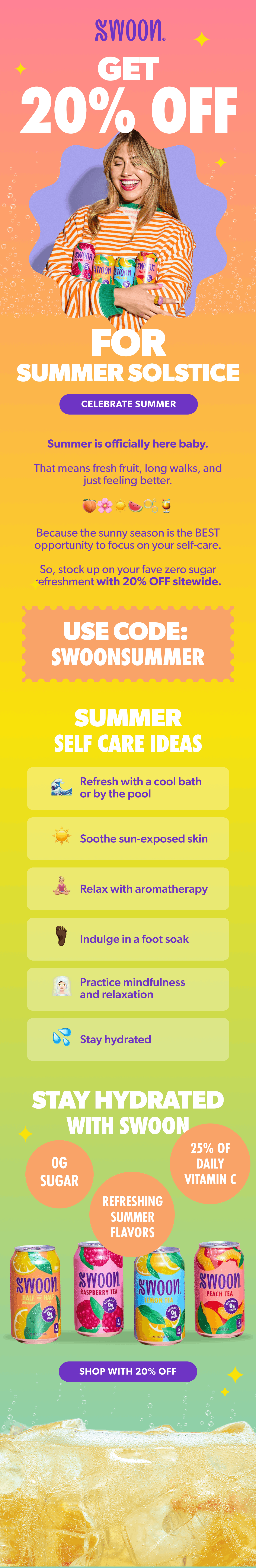 Promotional social media graphic for Swoon drink with 20% off summer sale, featuring a smiling woman in an orange striped shirt holding Swoon cans, bright colorful background, and summer care tips.