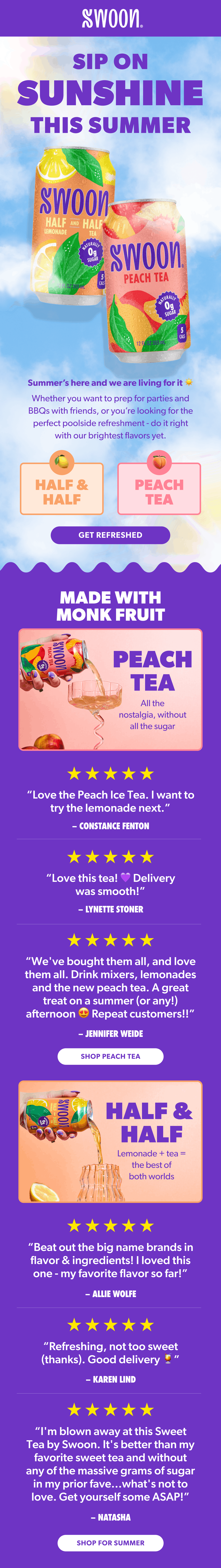Promotional digital advertisement for Swoon's summer beverages featuring Peach Tea and Half & Half drinks with lemon, grapefruit, and peach flavors, colorful cans, and customer reviews.