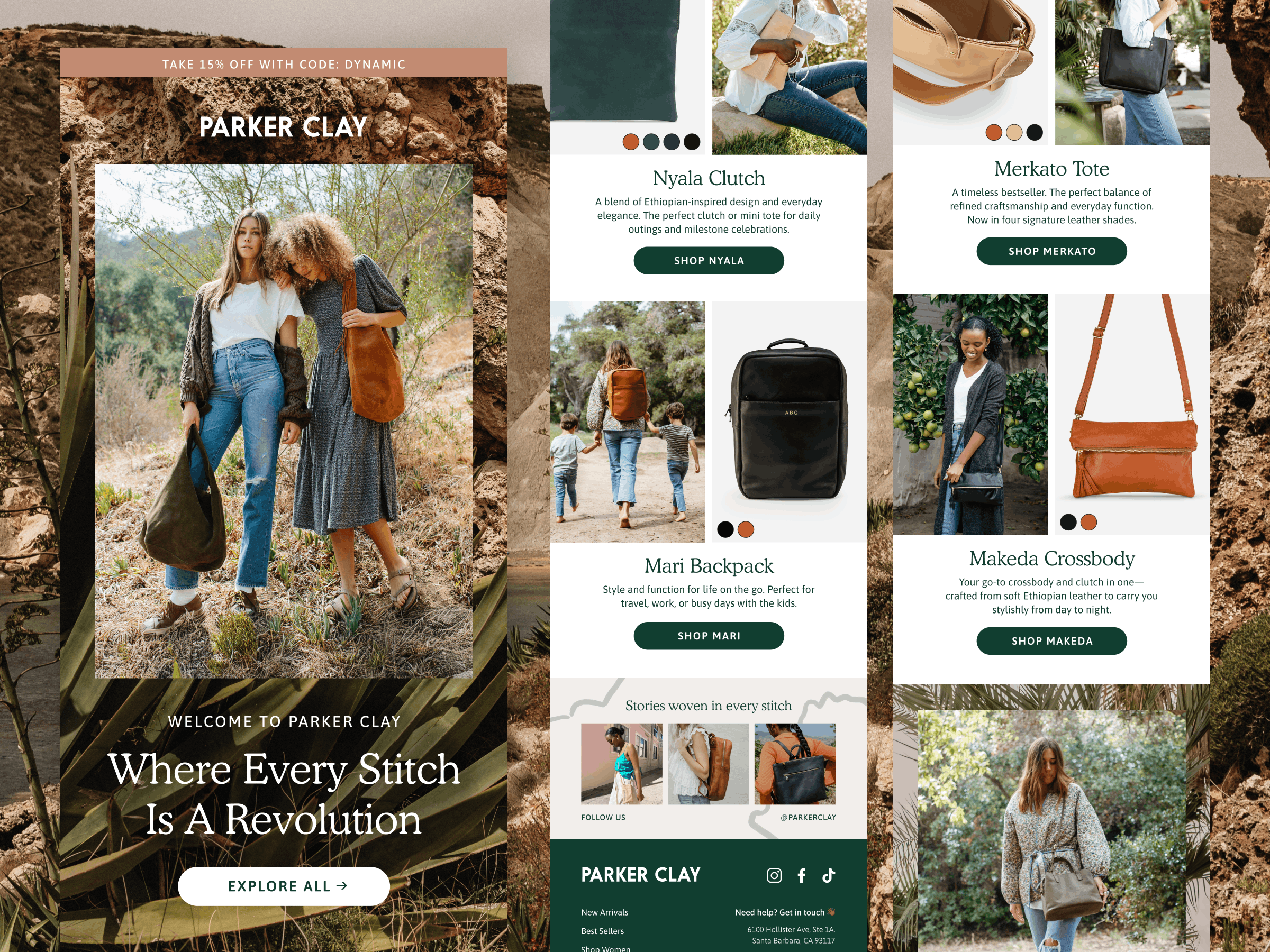 A collage of images featuring models carrying handbags, with text promoting Parker Clay products such as Nyala Clutch, Merkato Tote, Mari Backpack, and Makeda Crossbody. The background includes desert landscape and greenery, with earthy tones and a promotion for 15% off using code DYNAMIC.