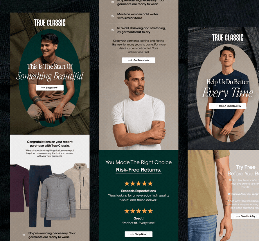 Three vertical advertisement banners for clothing. The first features a smiling man in casual wear with text promoting a new beginning with True Classic. The second shows a man in a white t-shirt with information about risk-free returns and customer reviews. The third displays a young man in a navy t-shirt with text encouraging surveys and free trials for better fitting clothes.
