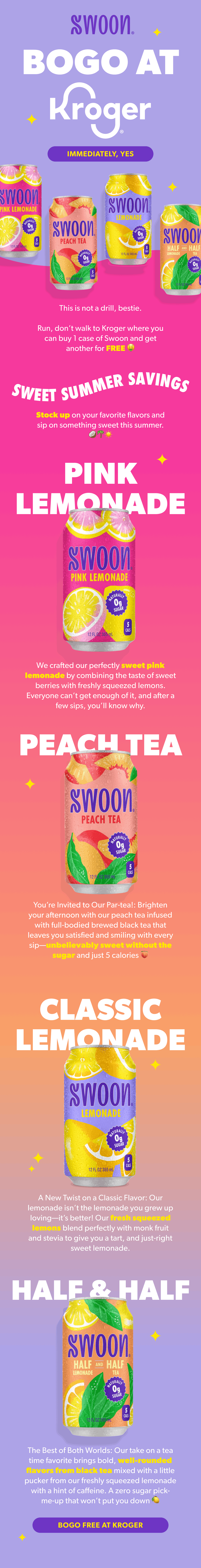 Advertisement for Swoom canned beverages featuring Pink Lemonade, Peach Tea, Classic Lemonade, and Half & Half flavors, with promotional offers and colorful product images.