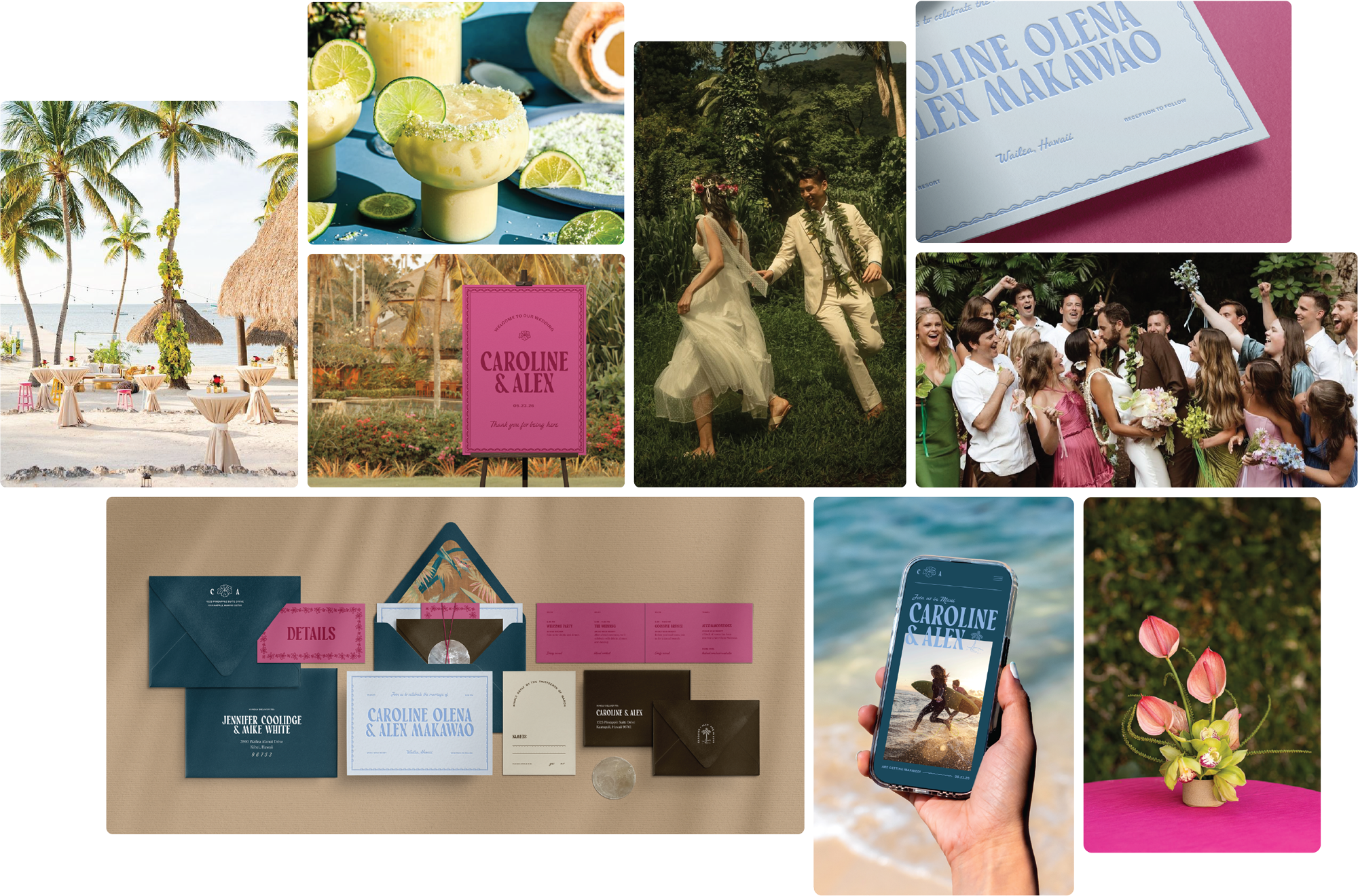 A collage of wedding images on a tropical beach includes a decorated setup with tables under thatched umbrellas, wedding invitations, a bride and groom dancing outdoors, a large group celebrating with a wedding bouquet, a close-up of wedding details, an iPhone showing a wedding photo, a pink table with flowers, and lime margaritas garnished with lime slices.