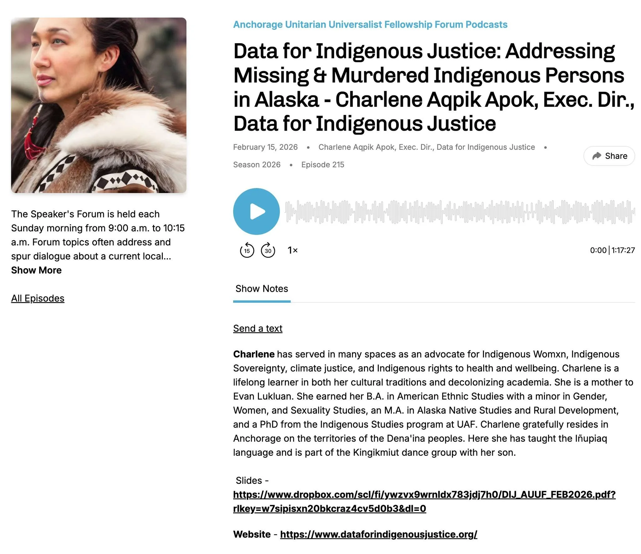 PODCAST ALERT!

Anchorage Unitarian Universalist Fellowship Forum Podcasts features: "Data for Indigenous Justice: Addressing Missing &amp; Murdered Indigenous Persons in Alaska - Charlene Aqpik Apok, Exec. Dir., Data for Indigenous Justice&quot