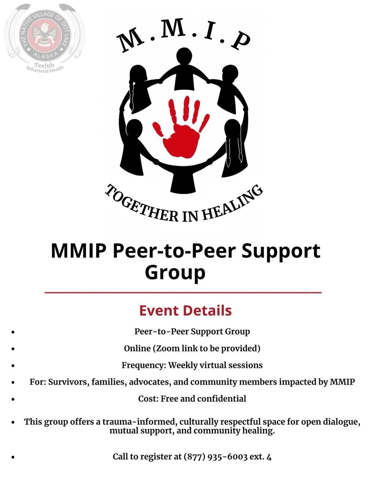 🤍RESOURCE 🤍 
📢 MMIP Peer-to-Peer Support Group hosted by Native Village of Dot Lake

➡️Event Details: 
&bull; Online
&bull; Frequency: Weekly virtual sessions
&bull; For: Survivors, families, advocates, and community members impacted by MMIP
&bull