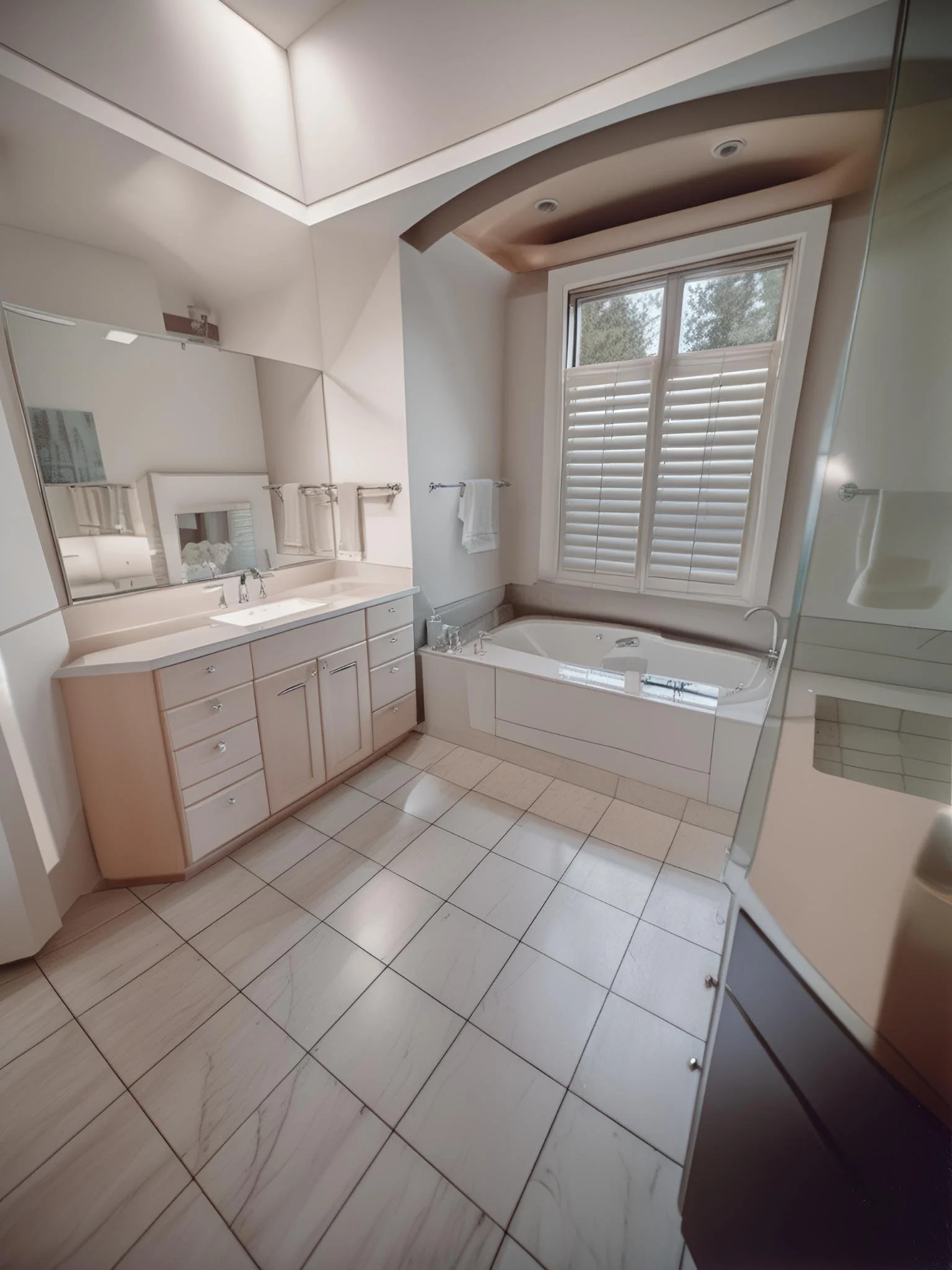 Modern bathroom with bathtub, large mirror, wooden cabinets, and tiled floor.