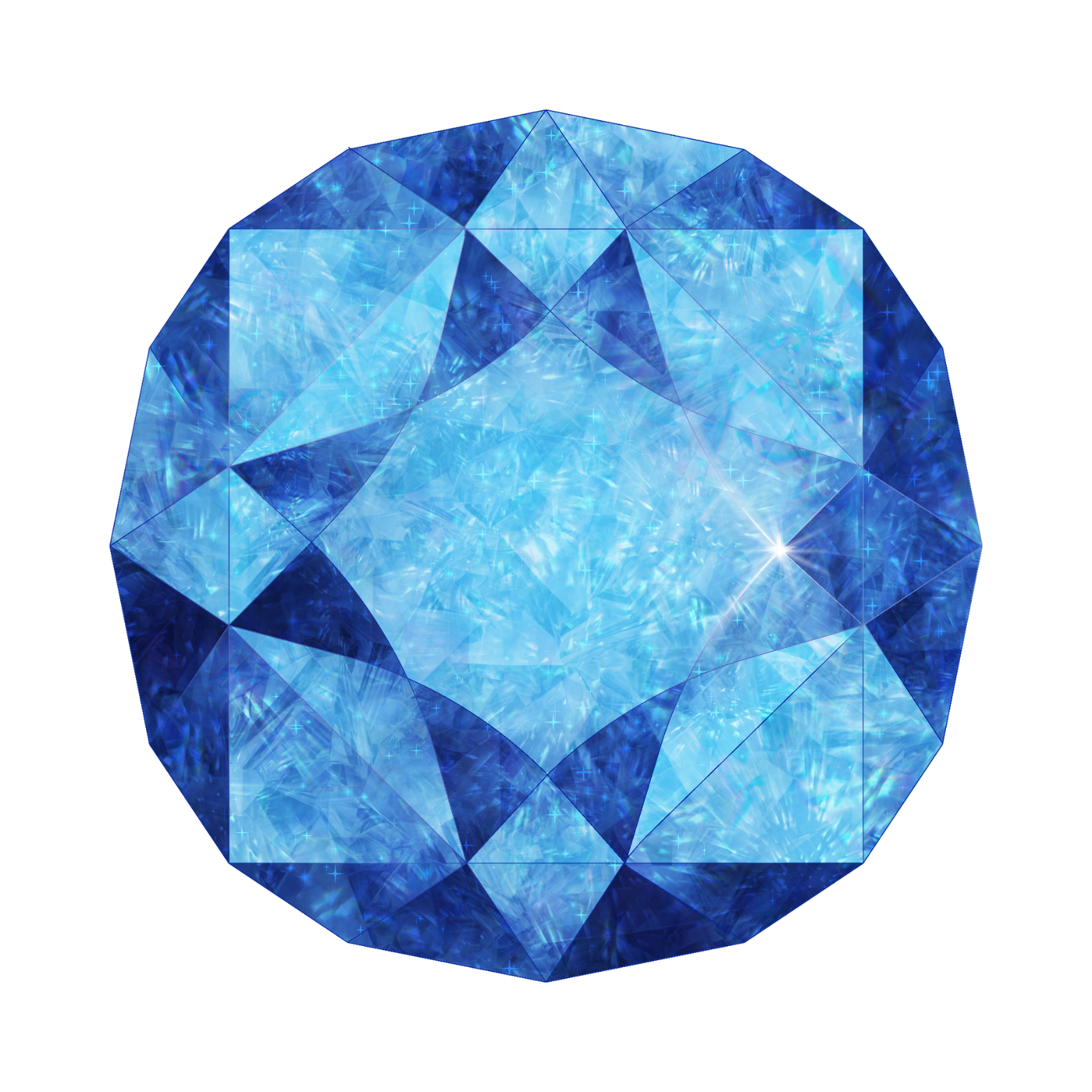 Faceted blue gemstone with a radiant cut