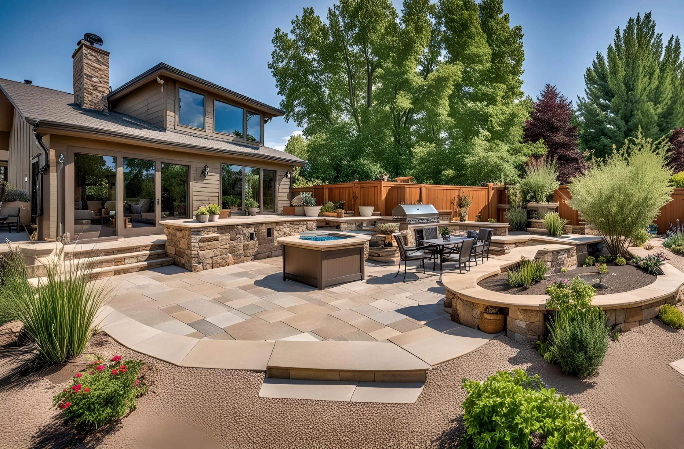 Modern backyard patio with outdoor kitchen, dining area, fire pit, and landscaped garden; surrounded by trees and a wooden fence.
