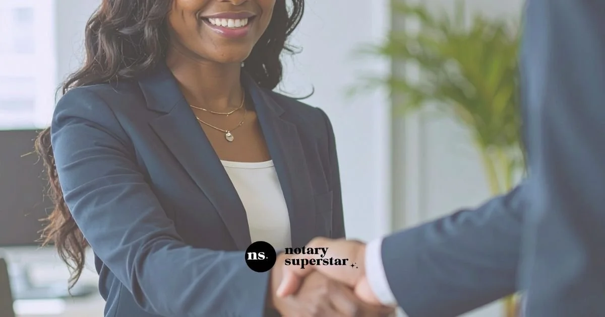 Professional mobile notary serving the East Bay Area smiling in business setting