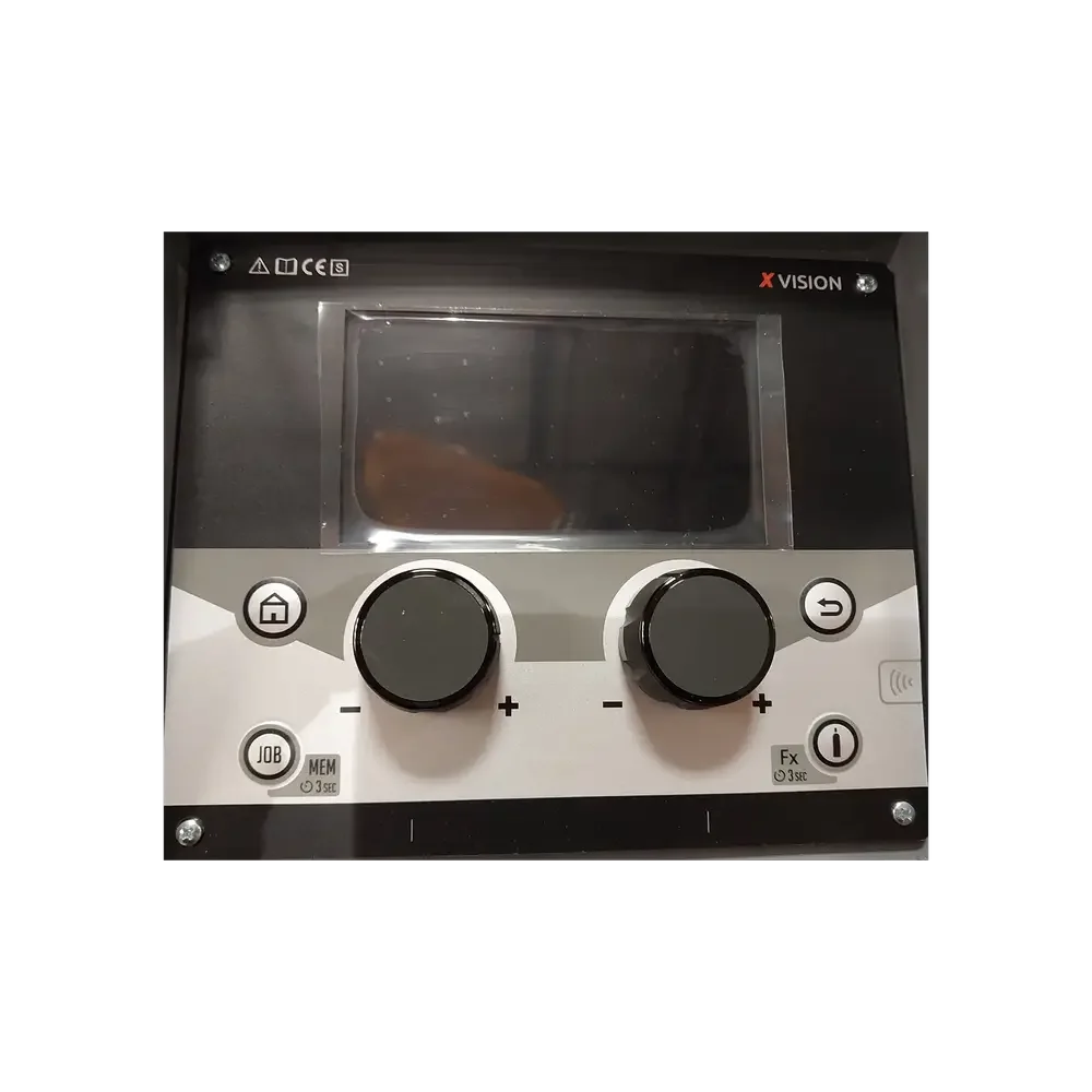 Electronic control panel with a screen and three buttons, labeled with icons for home, job, and info, and two knobs for adjustments.